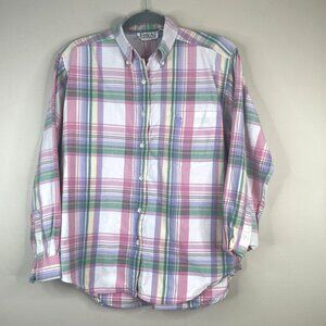 Vintage Erika Camp Shirt Top Womens Medium Plaid Preppy Outdoor Button Down